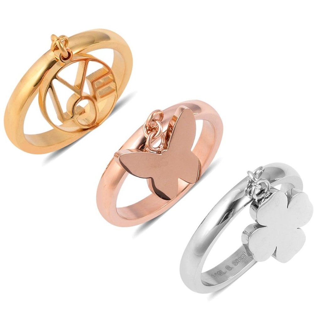 Set of 3 Stackable Rings with Charm